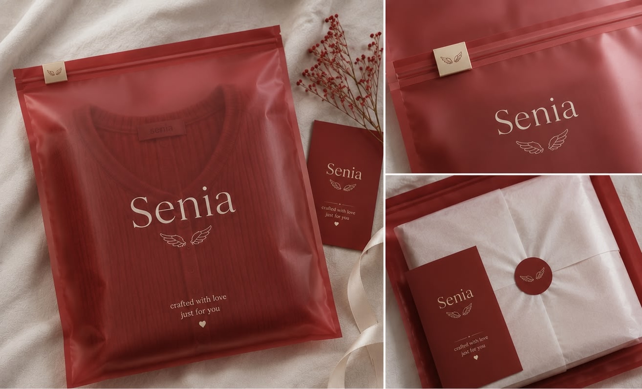 Senia translucent red packaging with satin ribbon